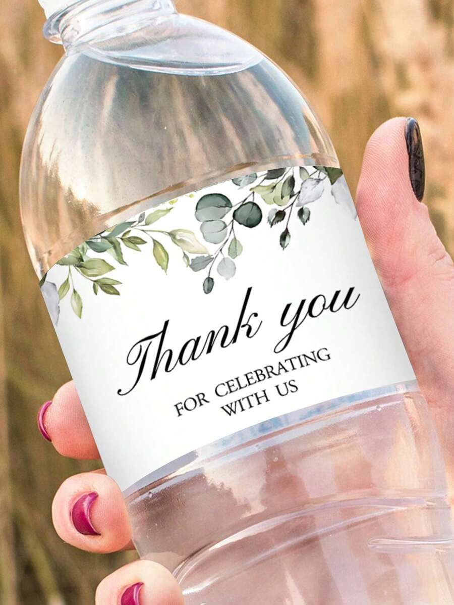 16 piezas de etiquetas adhesivas de hojas verdes de 8.26 pulgadas x 1.96 pulgadas para botellas de agua con diseño de hojas de eucalipto, adecuadas para decoración de fiestas de bodas, cumpleaños y agradecimiento, para botellas de agua de 500 ml (16.9 oz) - Estilo 1 - Ver 1