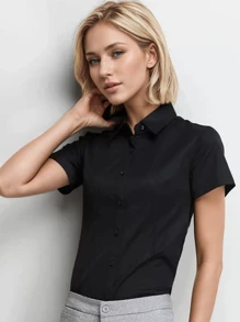 夏季新款高端商务职业黑色女士衬衫，2025年新品，修身方领短袖衬衫，经典工作服办公室制服 - 黑色 - 查看 5