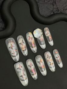 10pcs Handmade Oval Nail Art Stickers With Butterfly & Aurora Print, Cute, Sweet, Sexy, Ins & Y2K Style, Elegant Design Suitable For Ladies And Girls Press On Nails