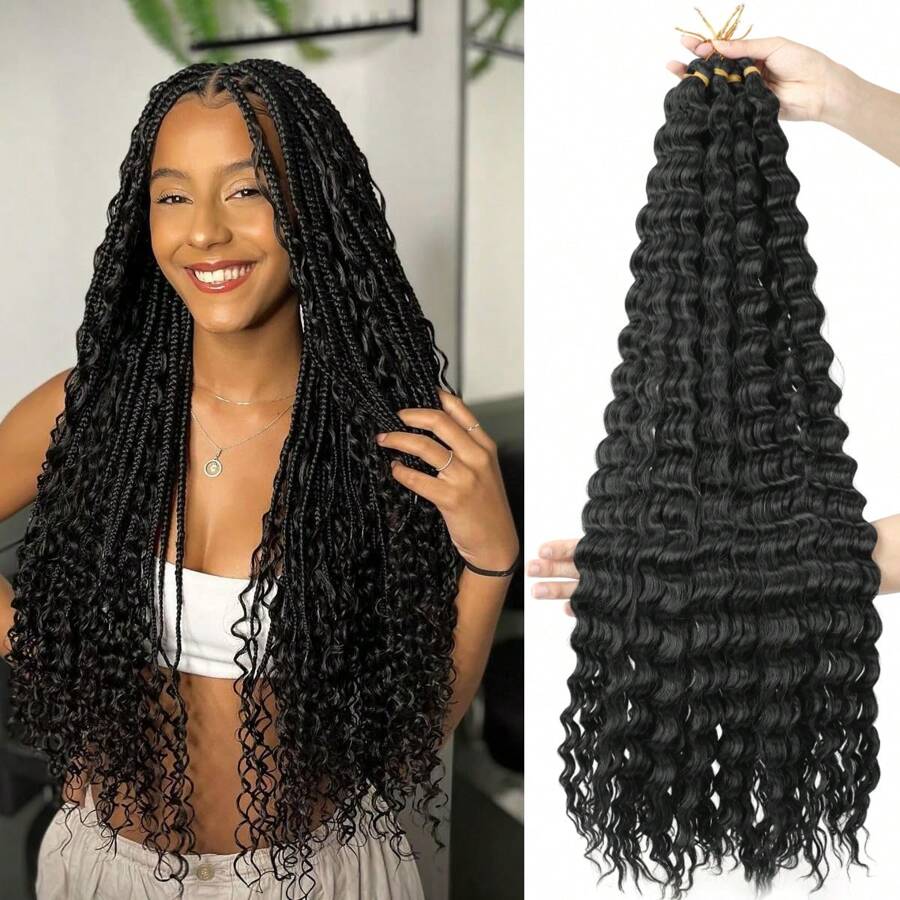 海洋波浪钩针编织发，30 英寸黑色深波浪编织发，适合女性，合成卷曲钩针接发，波浪编织发，波西米亚钩针编织发