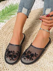 2024 Handmade Beaded Slip-On House Slippers With Mesh Fabric, Two-Way Wear For Indoor Or Outdoor - Black - View 4