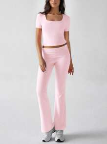Women's Two-Piece Sports Casual Solid Color Sexy Slim Square Collar Short-Sleeved Top Micro-Cropped Pants Suit