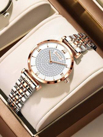 GUANQIN 1pc Waterproof Watch With Full Rhinestones Dial Wear-Resistant Stainless Steel Strap Fashion Business Luxury Sporty Classic Simple Casual Mechanical Style Automatic Quartz Watch Suitable For Valentine's Day,Festivals, Dating, Business, Gifts