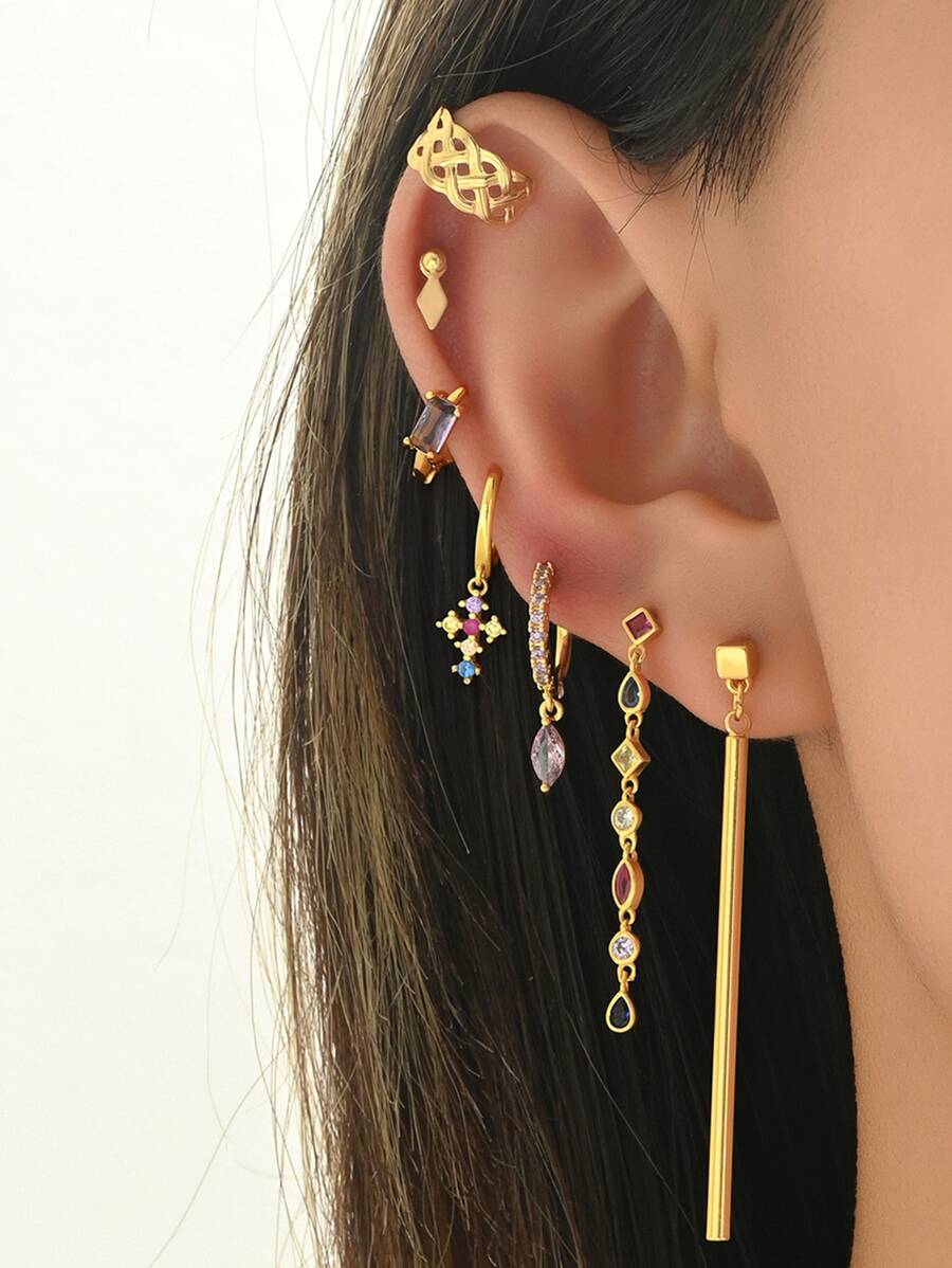 7pcs/Set Colorful Zirconia Earrings Set, Elegant & Simple Style, Suitable For Ladies Dating, Party, Everyday Wear - Yellow Gold - View 1