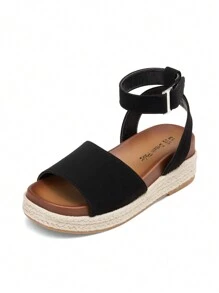 Girls Flatform Wedge Open Toe Espadrille Sandals With Buckle Ankle Strap Summer Shoes For Little Kid/Big Kid - 黑色 - 查看 5