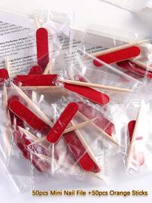 迷你指甲锉和橙木棒套装，适用于美甲贴片，20/50支迷你指甲锉套装，双面一次性指甲锉，木质角质层推棒，美甲修脚清洁工具