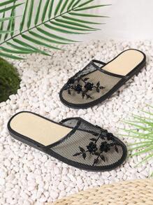 2024 Handmade Beaded Slip-On House Slippers With Mesh Fabric, Two-Way Wear For Indoor Or Outdoor - Black - View 8