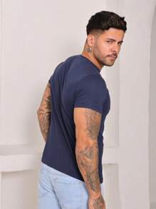Camiseta Masculina Algodão Básica 30.1 Lisa Original Heyju - Azul Marinho - Visão 3