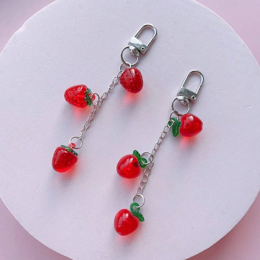 2 Pcs Red & Pink Apple Shaped Acrylic Tassel Keychain/Bag Charm