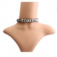 1 Set Of 2pcs: Square Spike Stud Metal Punk Choker Necklace & Dual Row Studded Leather Bracelet, Gothic Rock Style Unisex Jewelry Set - Set - View 2