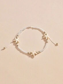 1pc Fashionable Vintage Beach Style Natural Starfish Decor Adjustable Beaded Anklet - Minimalist White Starfish Anklet - View 4