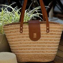 Bolsa Sacola Verão 2 Texturas Palha e Cotton Forrada Alça em Couro P.U S-5097 - Caramelo - Visão 1
