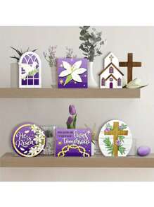 7 stuks Paaslente paarse lelies Hij is opgestaan kantoor posterbord kunstwerk decoratie houten geen gelaagde lade decoratieve bureau feest accessoires plaquette bevestigingen tafelbord, paascadeau voor vrienden (geen lade) terug naar school