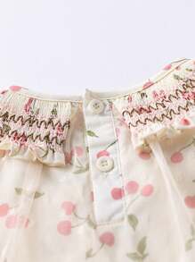 1 件女童甜美樱桃图案印花网眼长袖连衣裙，适合春秋季节