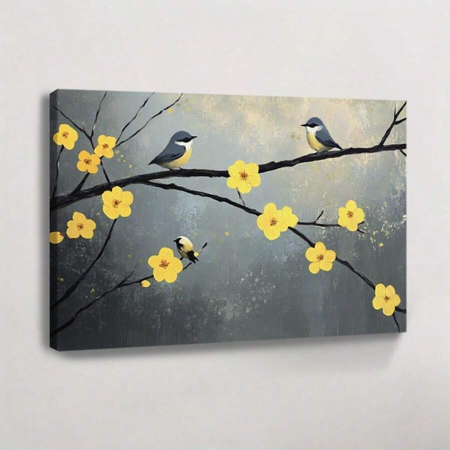 1 Pc, Oil Painting Yellow Plum Blossoms With Small Birds Perched On Th, Original, Canvas, Wall Art, Living Room Wall Decorations, Bedrooms, Bathrooms, Frame Poster Art Prints, Hanging Paintings, Home Decoration, Festivals. Home 1 - Multicolor - View 1