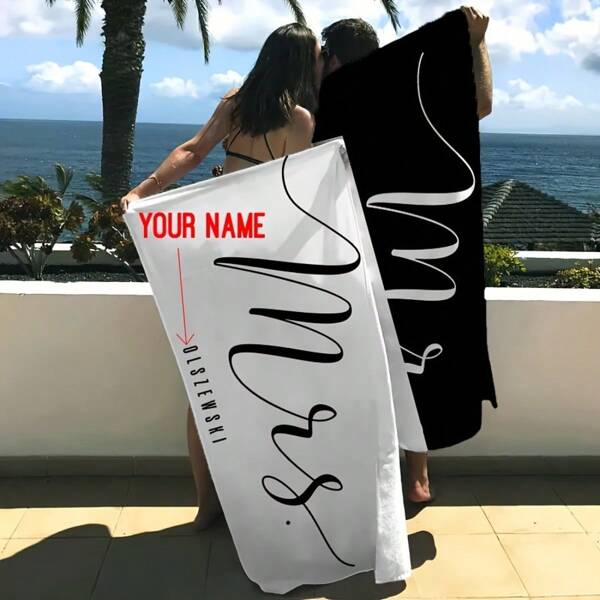 1pc Customizable Couples' Beach Towel - Ultra-Soft Microfiber, Quick-Dry, Sand-Resistant, Personalized Text Option In 10 Styles - Ideal For Beach, Travel, Camping, Swimming - Perfect Gift Summer Holiday Bathroom Decor, Multi-Functional, Durable, Ornamental, Reusable, Exquisite, Stylish, High-Quality, Colorful, Modern, Custom, Personalized, Unique Beach Essentials,Vacay Vibes