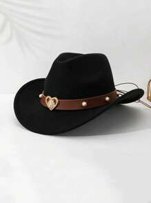 1 件男女通用西部牛仔帽 1，可拆卸心形饰边，涤纶，无弹力，编织工艺，防晒主题帽，无羽毛，可手洗 - 理想的礼物选择 - 愛心裝飾禮帽 - 查看 4