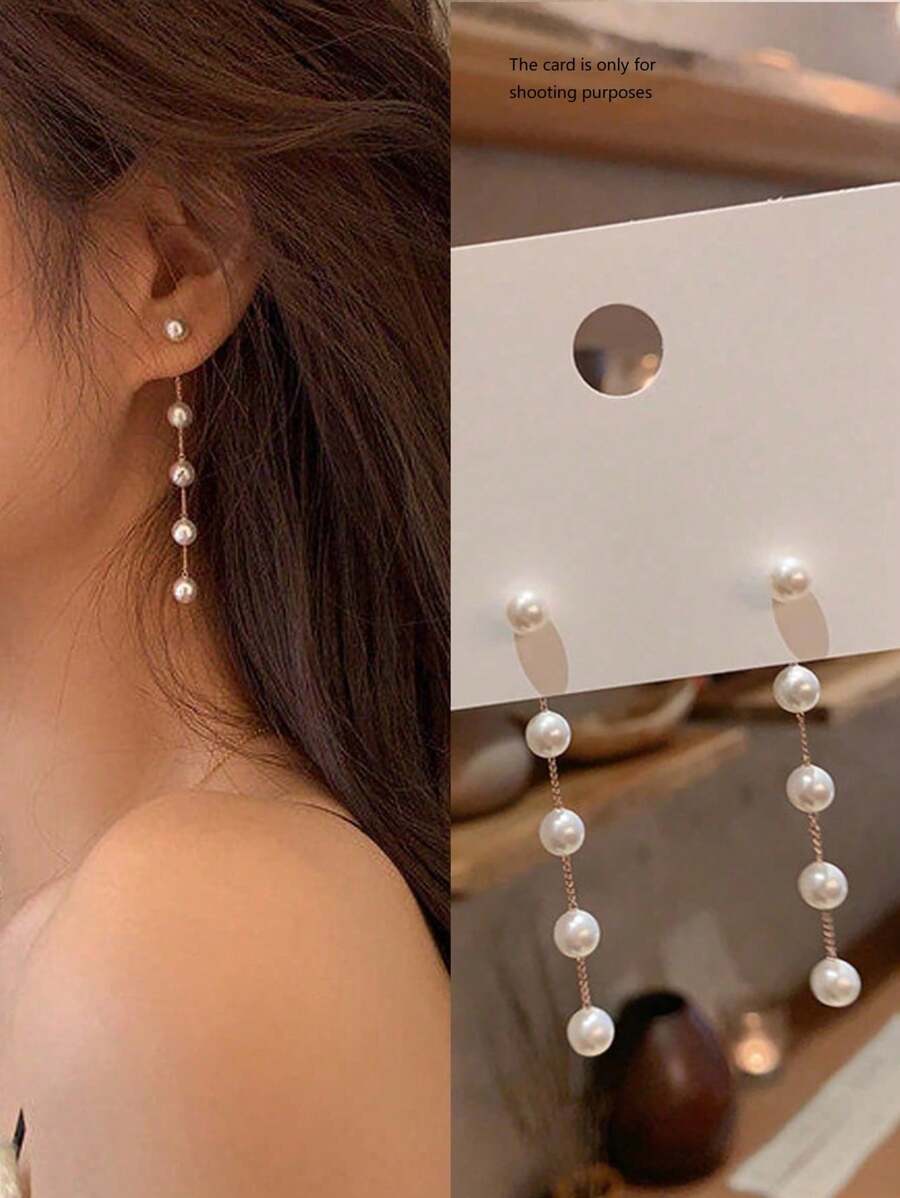 2入組簡約復古珍珠流蘇耳環，女性優雅時尚飾品