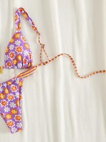 2pcs/Set New Soft Cup Adjustable Strap Printed Tie Front Elegant Party Bikini Swimwear, Summer Beach Fashion Swimwear For Women - Purple - View 8