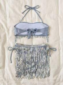 Bikini de corte halter con flecos de lentejuelas contrastantes - Celeste - Ver 4