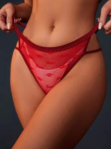 Sexy Red Lace Lips Print Thong Panties For Women