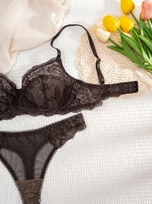 1 set de lingerie sexy et confortable en dentelle de couleur unie pour femmes