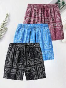 Men's Sports Shorts, Boyfriend Style, Casual Knee-Length Shorts With Digital Paisley Flower Print, Drawstring Waist & Pockets, Suitable For Summer Holiday, Running, Workout, Basketball - Black - View 1