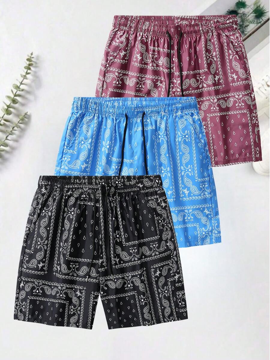 Men's Sports Shorts, Boyfriend Style, Casual Knee-Length Shorts With Digital Paisley Flower Print, Drawstring Waist & Pockets, Suitable For Summer Holiday, Running, Workout, Basketball - Black - View 1