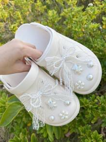 10pcs/Pack Ivory Lace Bow Shoe Charms, Fit For Clogs, Slides, Sandals, Garden Shoes, DIY Shoe Accessories