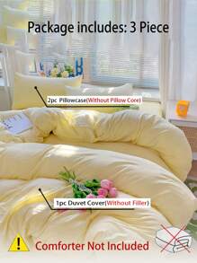 Bộ 3 món ga trải giường mềm mại, màu trơn, đã qua xử lý giặt - Vàng nhạt - Xem 3