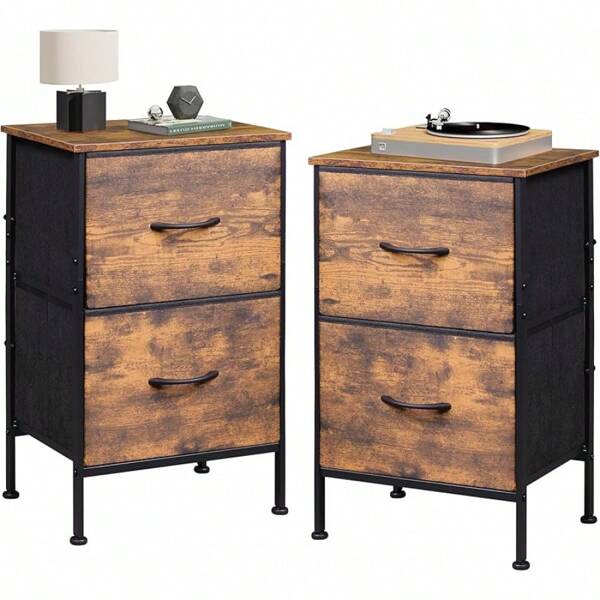 Night Stand , Dresser And Nightstand Sets, Small Dresser For Bedroom With 2 Drawers, End Table With Fabric Bins For Closet, Bedside Furniture, College Dorm, Dark Grey