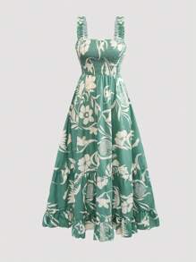 女式长款印花吊带连衣裙 - 綠色 - 查看 3