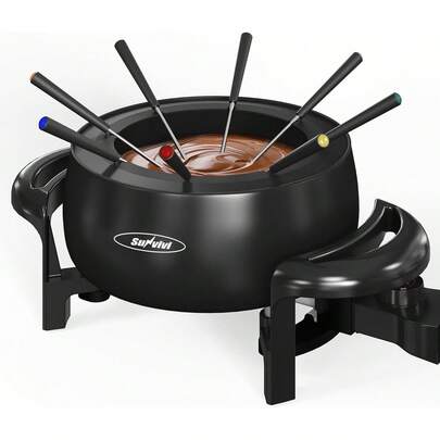 Sunvivi Electric Fondue Pot Set For Melting Chocolate Cheese, 3 Quart Fondue Set With Adjustable Temperature Control And 8 Color-Coded Forks, 1000W Non-Stick Fondue Maker For Dessert, Oil And Broth