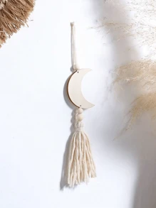 1 pieza de rebanada de madera decoración hecha a mano con estrella y luna de borlas, cuentas de madera para decoración del hogar, decoración de Ramadán