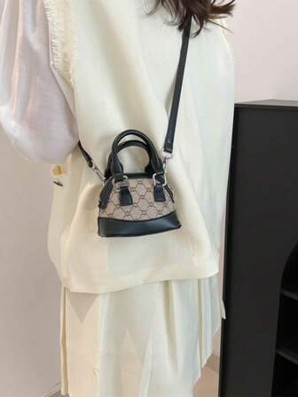 1st Mini 2-handtag PU-läder Crossbody-väska med tryckt dekor, dragkedja, mångsidig för läppstift och hörlurar