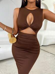 abyoxi Solid Color Sexy Front Hollowed Twist Pleated Slim Fit Midi Bodycon Dress Casual Commute Fashionable Hot Girl Style Homecoming Spring And Summer New Women's Clothing