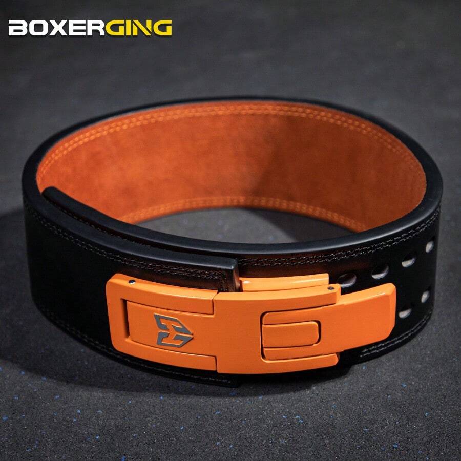 BOXERGING Powerlifting Fitness Weightlifting Belt Quick Release Buckle Squat Deadlift Cowhide Leather Lever Belt Professional Bodybuilding Protective Gear For Men
