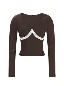 Women's Y2K Sexy Slim-Fit Lace Trim Deep U-Neck Long Sleeve Top