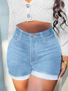 Cuffed All-Match Fitted Versatile Denim Shorts - Light Wash - View 2