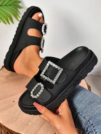 2025 Wiosna/Lato Damskie Modne Kryształowe Klamry Uniwersalne Grube Podeszwy Antypoślizgowe Rzymskie Sandały Plażowe, Pasujące Do Sukienek