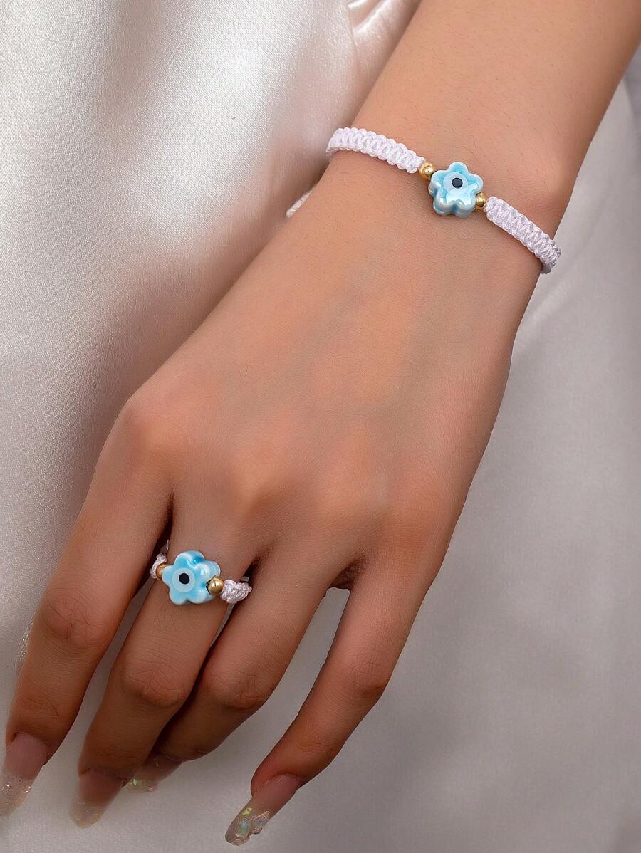 2 pièces Set de bague et bracelet tissé floral fait main, style minimaliste convenant aux femmes, pour un usage quotidien, les vacances, la Saint-Valentin, la mère, la fête des mères, cadeau