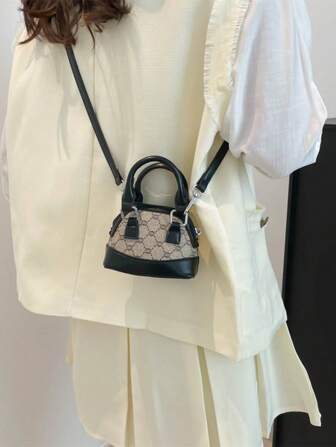 1st Mini 2-handtag PU-läder Crossbody-väska med tryckt dekor, dragkedja, mångsidig för läppstift och hörlurar