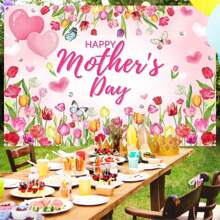 母亲节快乐粉色郁金香和心形背景布 - 涤纶纤维，无需电源，非常适合派对装饰和照片背景