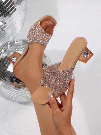 Women's Summer New Crystal Rhinestone Embellished High Heel Sandals, Elegant Apricot Color Crystal Heel Dress Shoes, Suitable For Parties, Galas, Weddings, And Fashion Outfits