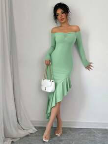 abyoxi Solid Color Sexy Off Shoulder Long Sleeve Ruched Ruffle Asymmetric Hem Bodycon Dress, Casual, Simple, Elegant, Fantasy, Party, Autumn And Winter New Women's Clothing