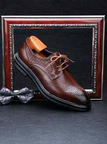 Fashionable Low Top Lace-Up Solid Color Brogue Carved Dress Shoes, Slip-Resistant Business Formal Shoes For Parties, Weddings, Graduations, Casual, & Versatile