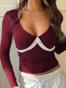 女士 Y2K 性感修身蕾丝边深 U 领长袖上衣 - 酒紅色 - 查看 2