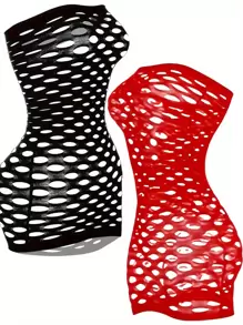 2 件套性感内衣，加大码性感睡衣裙，女士镂空露肩高弹力渔网筒裙 - 黑色+紅色 - 查看 2