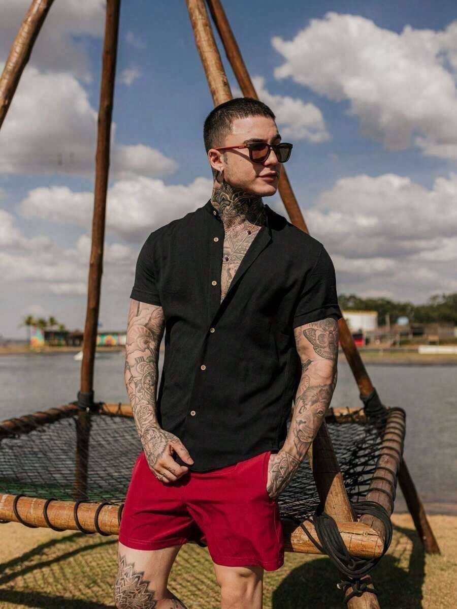 Men's Luxury Priest Collar Dress Shirt With Short Sleeve Slim Fit Linen And Viscose Premium Fabric - 黑色 - 查看 1