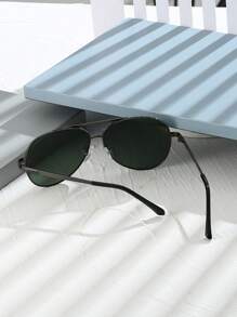 1 Pair Women's Metal Oval Frame Retro Double Bridge Fashion Aviator Glasses, Suitable For Beach Vacation Wear, Women - Dark Green - View 4